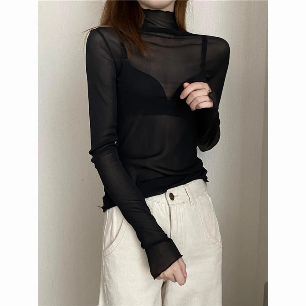 T-shirt da donna sexy vedere attraverso top in rete trasparente manica lunga velata slim da donna dolcevita solido t-shirt in seta top corto in pizzo