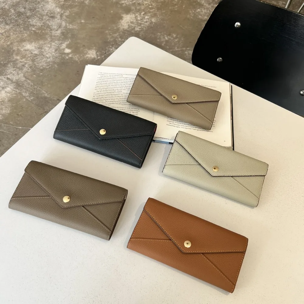 2025 Long Wallet For Women Luxury Genuine Leather Lychee Pattern Bag  Fashion Designer Solid Color Cowhide Ladies Card Pouch