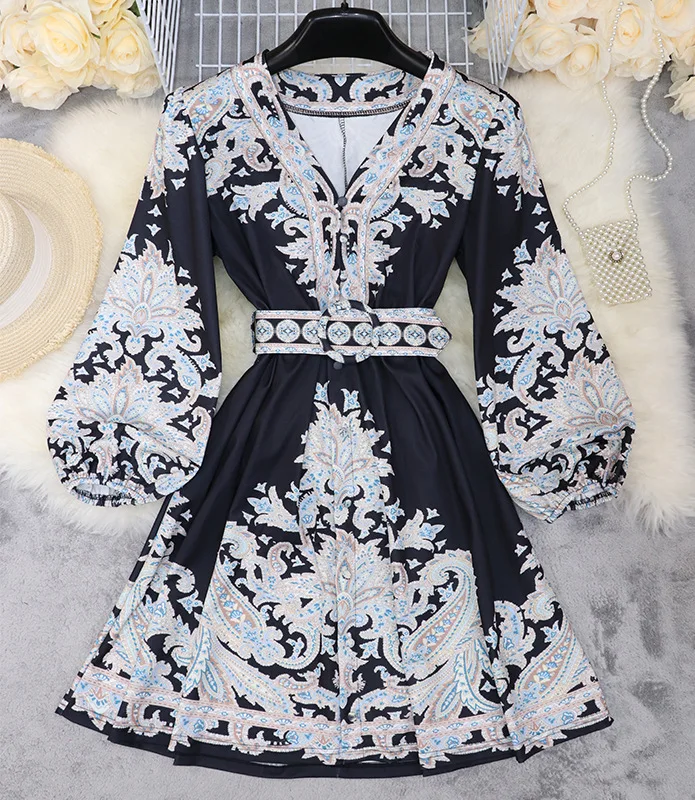 

Womens Dress Spring Summer Bohemian Style Commuting Temperament Loose Casual Fashion Long Sleeve V-neck Mid-waist A-line Dress