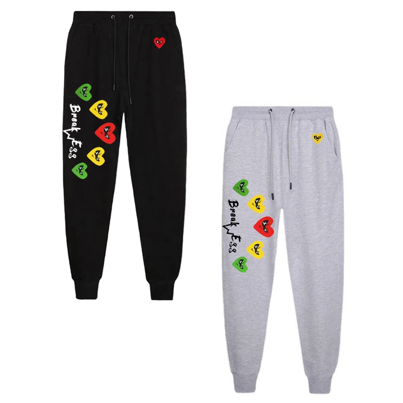 

Break Egg Men Women Trousers Cotton Heart Glasses Embroidery Colorful Multiple Heart Print Thin Elastic Drawstring Spring Pant