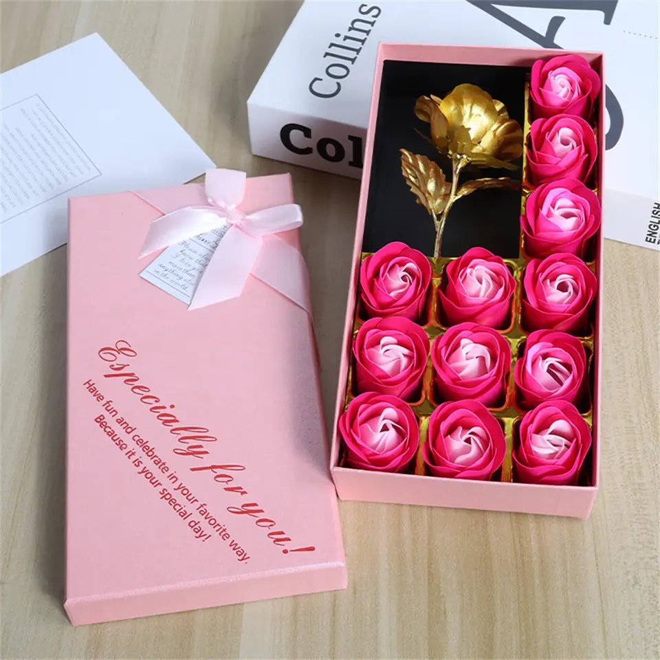 Artificial Soap Rose Gift Box Gold Foil Flower 12 Scented Rose Soap Flowers Wedding Home Decoration Valentine's Day Gift - 3