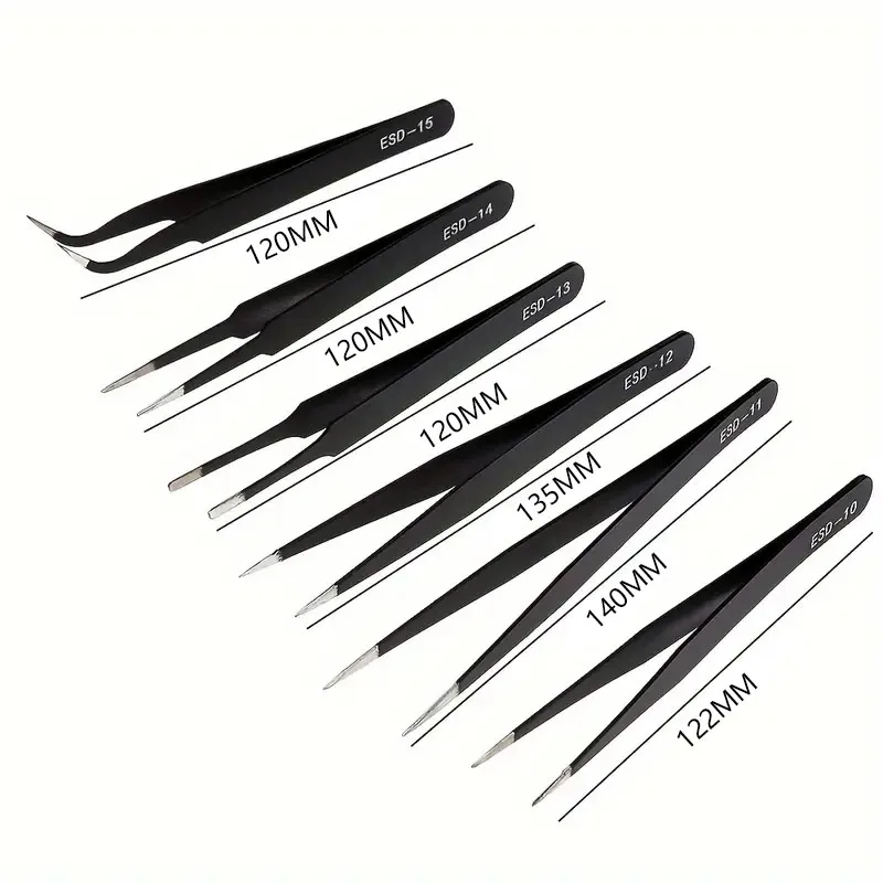 6pcs ESD Stainless Steel Anti-Static Tweezers Precision Electronics Repair Soldering Craft Tools For Watch Jewelry Laboratory