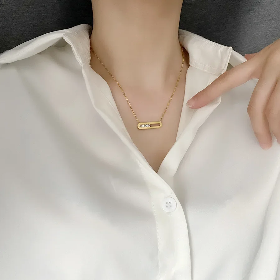 Titanium Steel Not Fade Necklace Female Rectangular Banboo pendant Zircon Clavicle Chain Plated Gold color Simple Jewelry