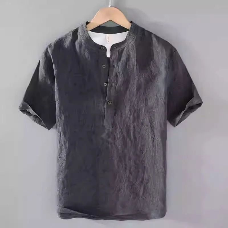 

High-End Linen Short-Sleeve T-Shirt Large Size Retro Chinese Style Stand Collar Cotton Linen Loose Top Men's Casual Wear