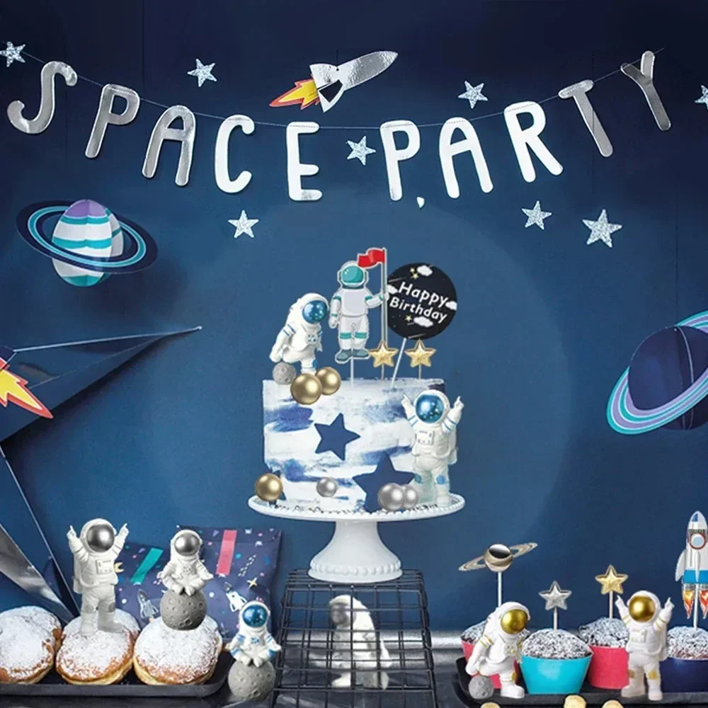 22pcs Space Cake Toppers Decorations DIY Astronaut Figurines Rocket Stars Cake Topper Outer Space Theme for Kids Birthday Party