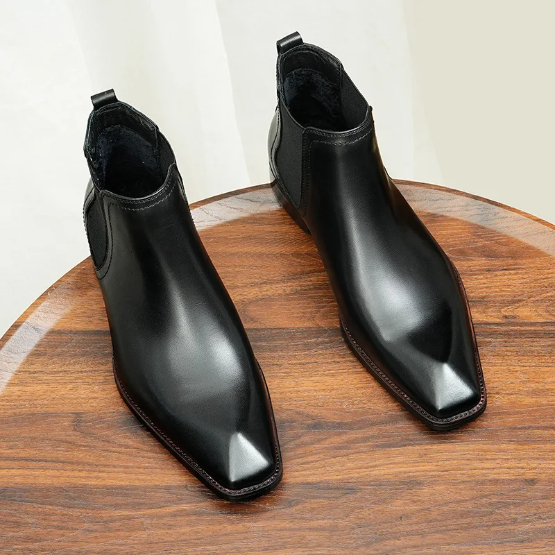

Мужские ботинки из натуральной коровьей кожи, черные, класса люкс, для деловых костюмов, зимние