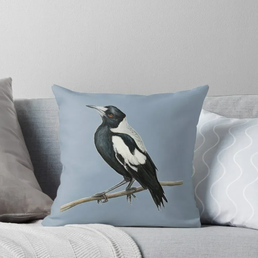 Magpie art, Australian Magpie bird, bird art, drawing, Australiana, black and white Throw Pillow Cushions pillow