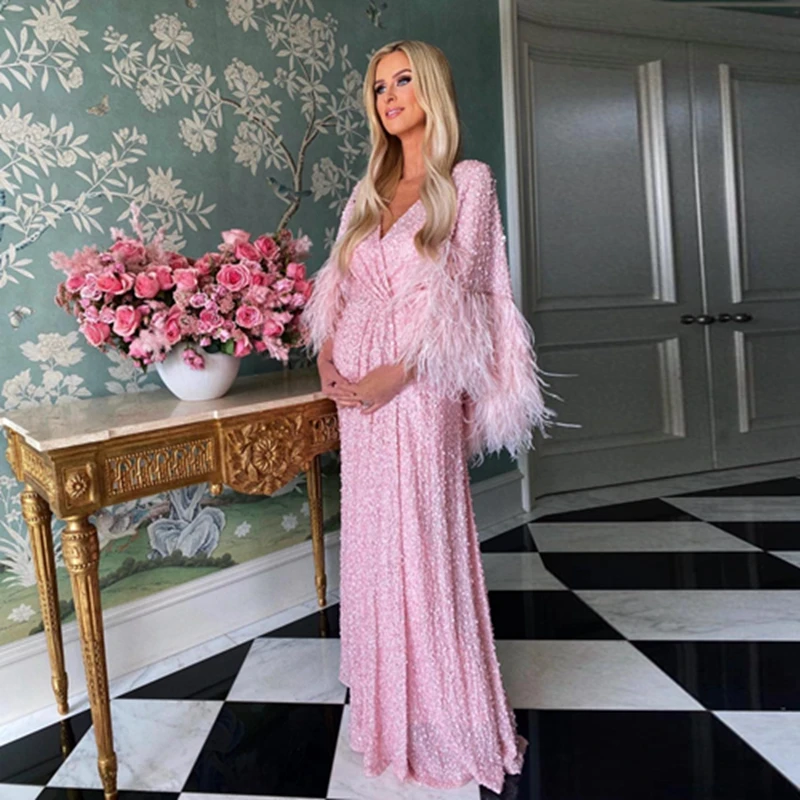 

Cute Pink Feathers Beaded Straight Maternity Dress Pretty V neck Sequins Long Pregnancy Dresses For Photography Maternity Gowns