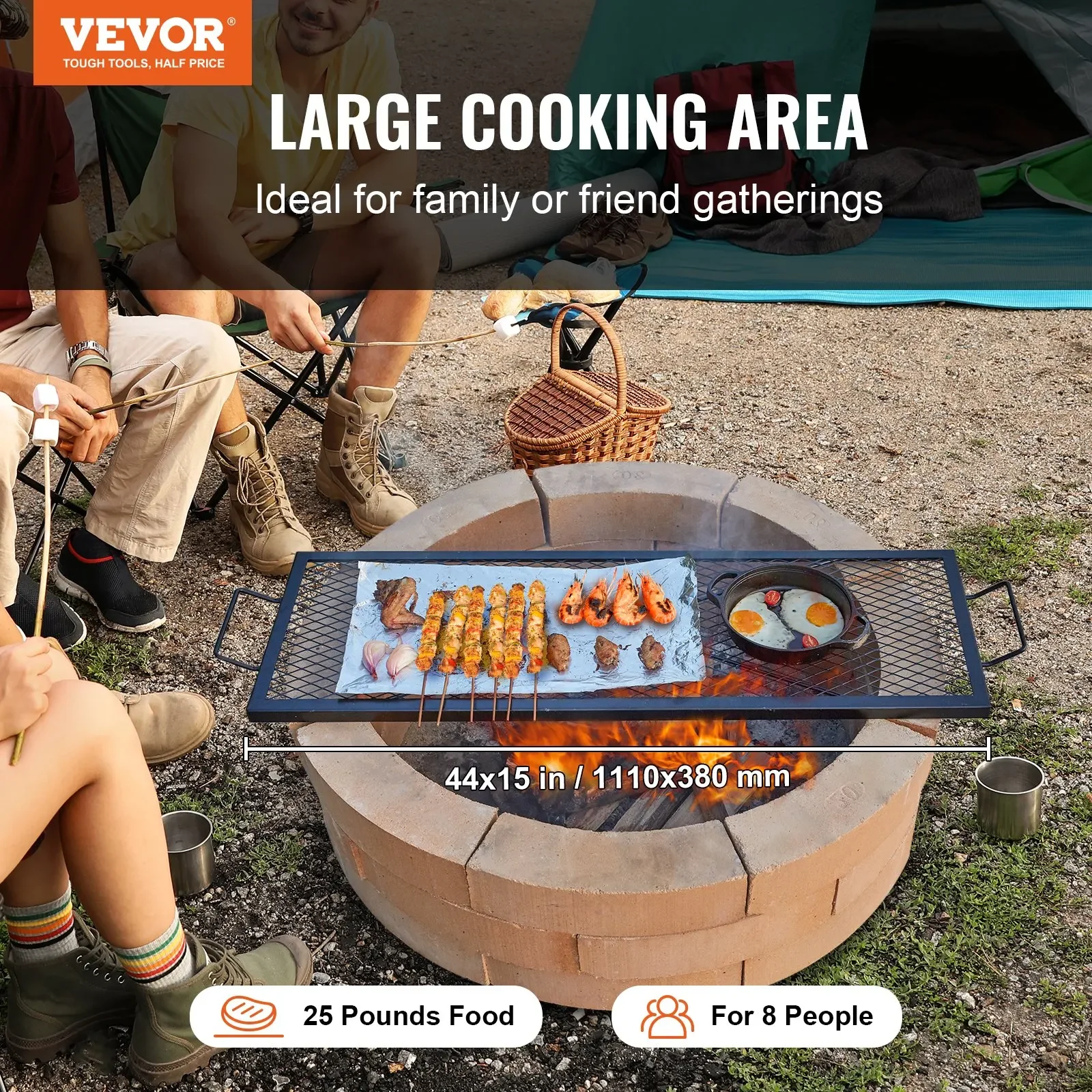 

X-Marks Fire Pit Grill Grate, Rectangle Cooking Grate, Heavy Duty Steel Campfire BBQ Grill Grid With Handle & Support X Wire,