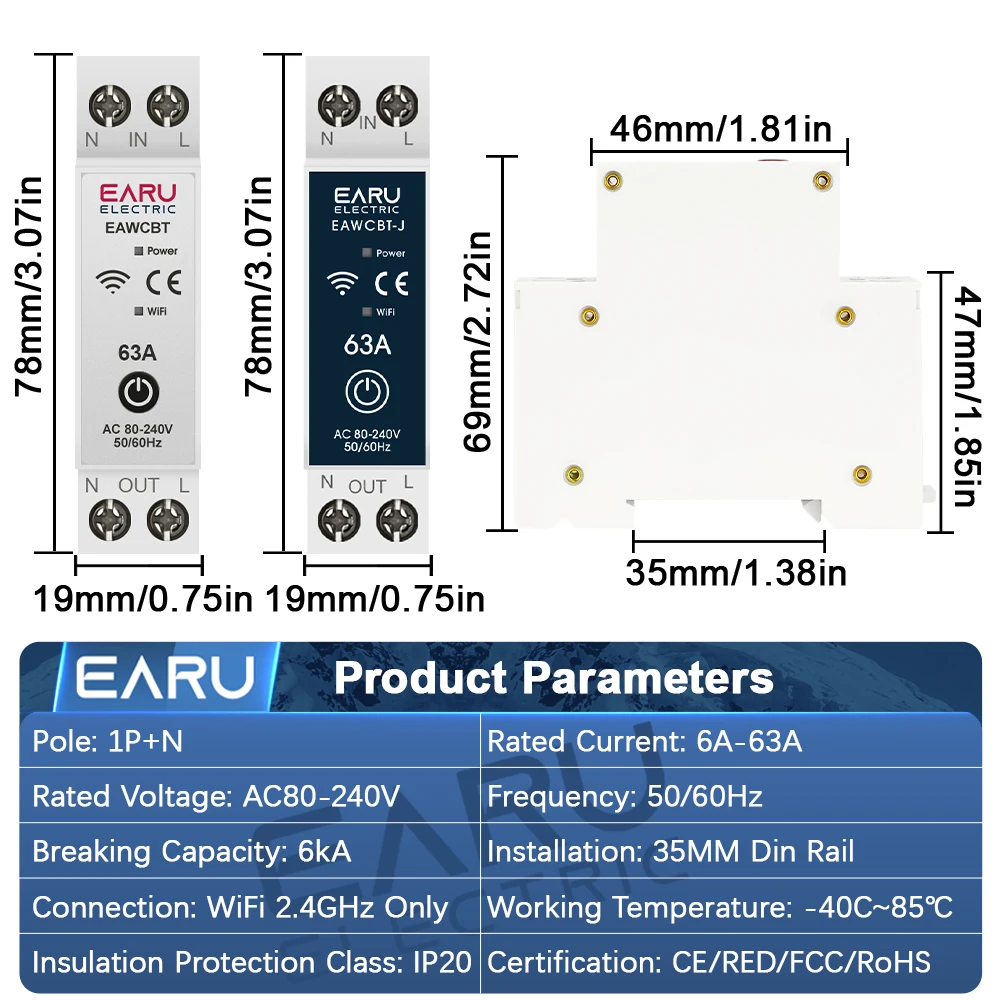 EARU Tuya WiFi Smart Circuit Breaker MCB 63A Timer Power Energy kWh Voltage Current Meter Protector Voice Remote Control Switch