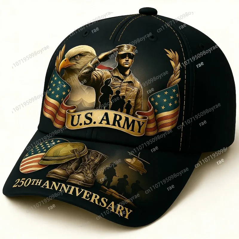 U.S. Army 250th Anniversary Cap | Saluting Soldier, Eagle & Military Memorabilia Design Polyethylene, Lining, Punk Style