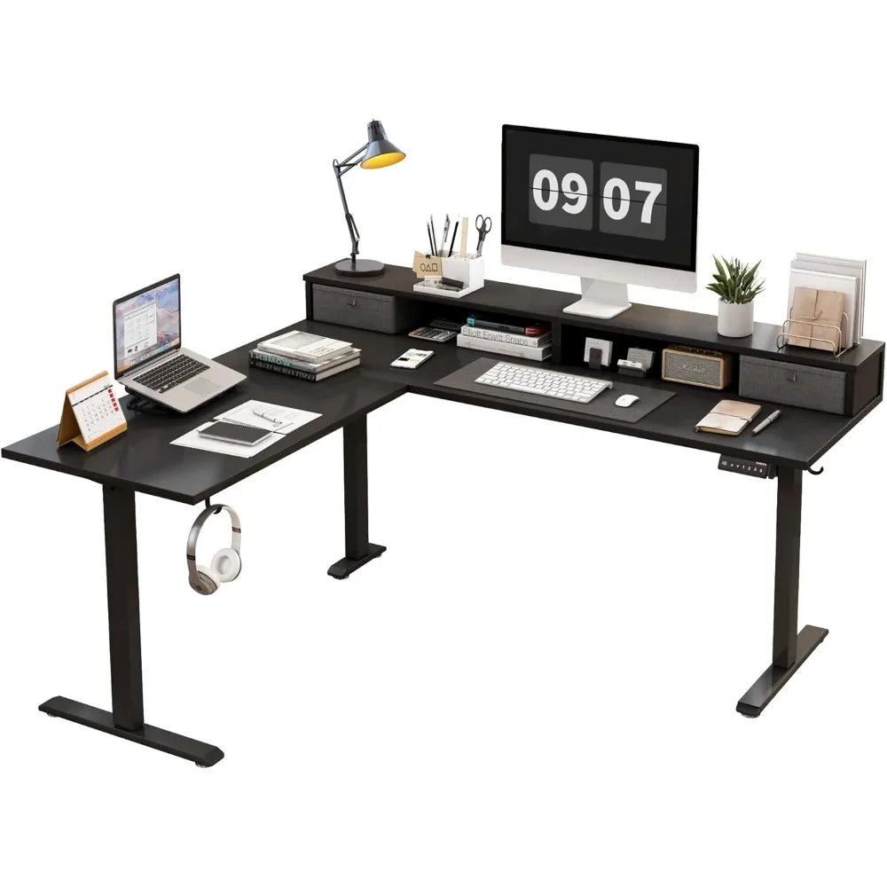 63 Inch Ergonomic Adjustable Height Desk with Storage, Corner Desk Sit Stand Up Computer Table for Work Office Home