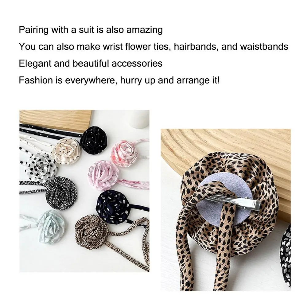 Elegant Polka Dot Necklace Scarf Faux Silk Rose Flower Neck Decoration Leopard Print Thin Ribbon for Women