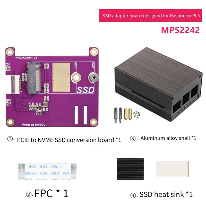 

PCIE M.2 NVME 2230 2242 Gen3 SSD HAT Expansion Board+Case+SSD Heat Sink For Raspberry Pi 5 PCIE M.2 NVME SSD HAT Easy Install