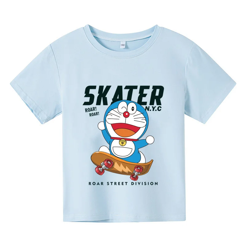 Kids 4-14 years old Boys Girls Doraemon Summer Short sleeves Pure cotton fashion Casual short sleeves street fashion