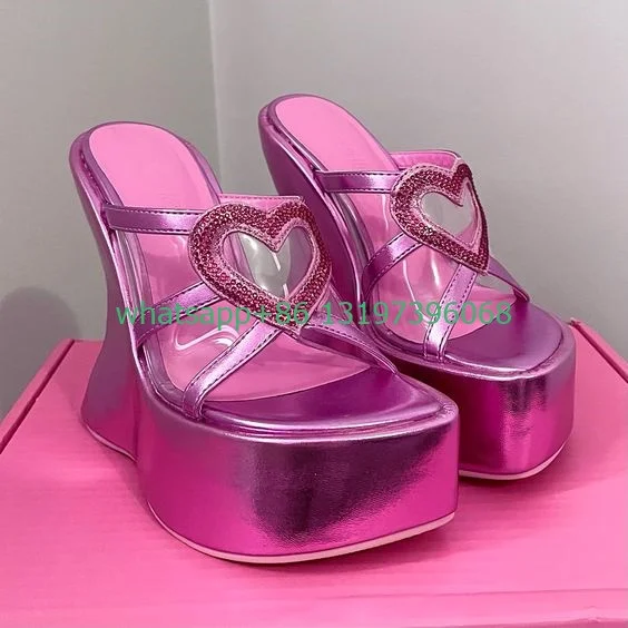 

Lady pink wedge heel platform Y2K slippers high heels heart shape design pumps party elegant pink open toe cute pumps size 35-46