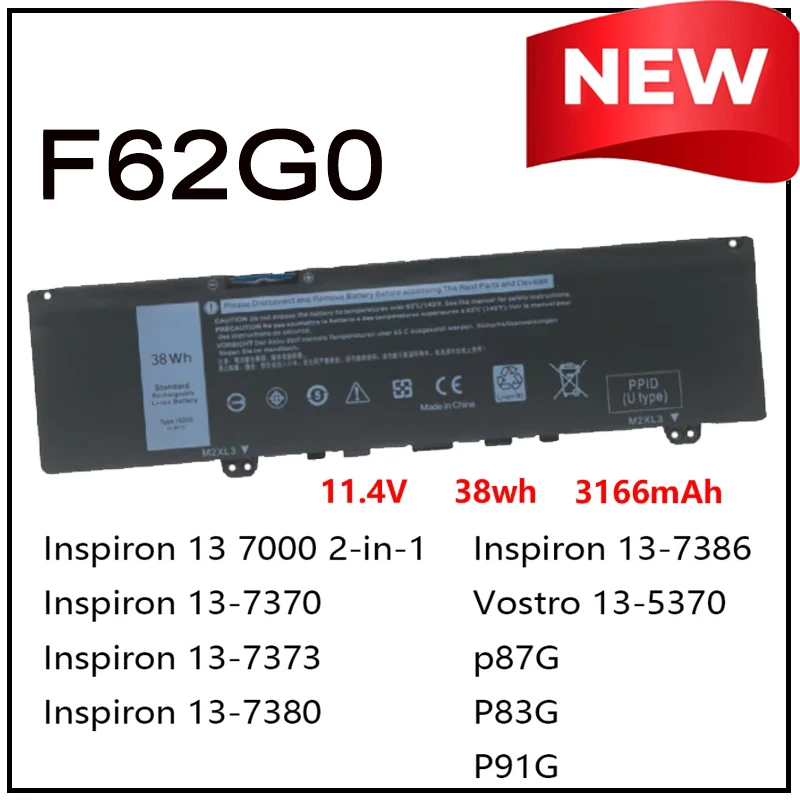 Batería para Portátil F62G0 Compatible con Dell Inspiron 13 Serie 7000 7373 7386 7370 5370 7380 Inspiron Vostro 13 5370 P87G P83G P91G