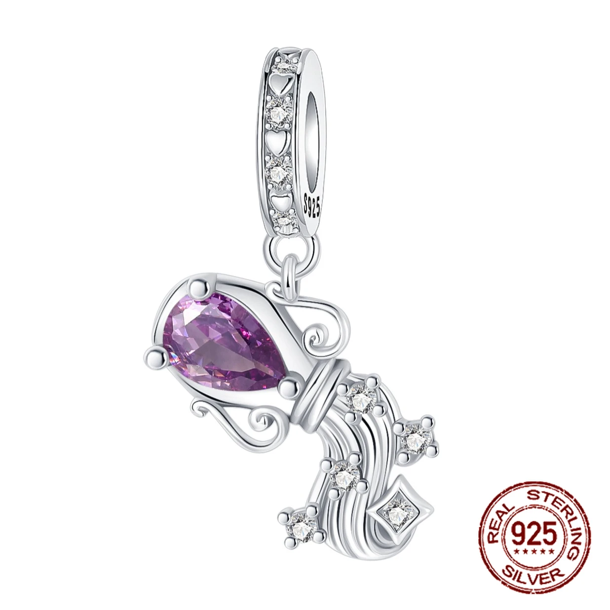 Colgante de Plata de Ley 925 con 12 constelaciones de Acuario y circonita púrpura, compatible con pulseras originales, regalo de joyería DIY para mujer