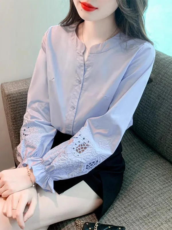 

Женская модная футболка с вышивкой и длинными рукавами-фонариками, весна-осень, хлопковая, шифоновая, базовая, элегантная