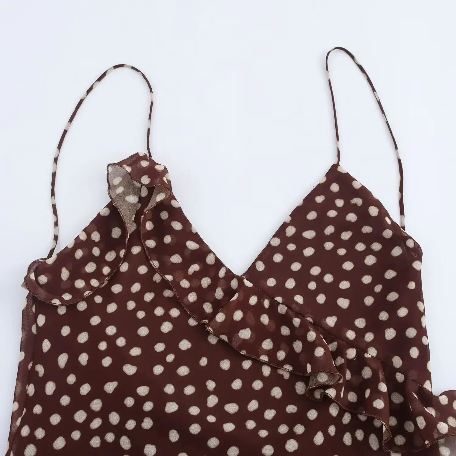 Women Coffee Dots Ruffles Chiffon Dress Sleeveless Backless 2025 Female New Year Dresses 6X0452