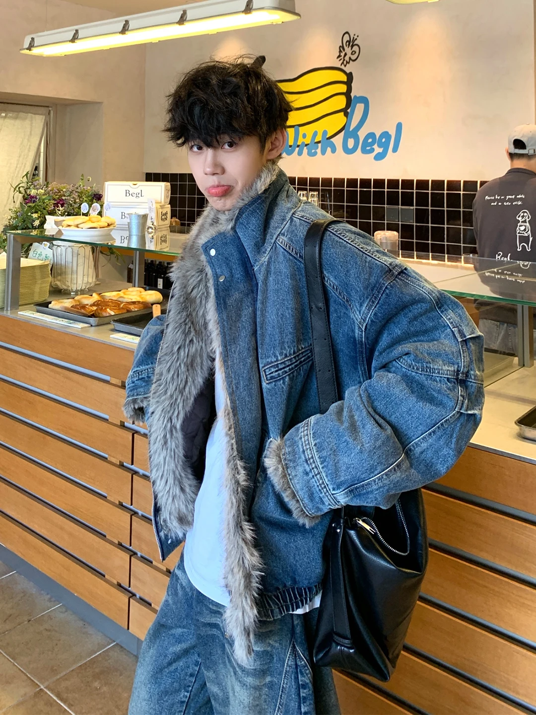 

Blue Fur Collar Thickened Winter Jacket Men's Denim Workwear Cotton Patchwork Pilot Jacket Casual Cleanfit Long Sleeve Coat