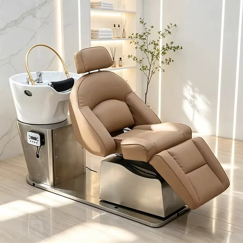 Barbershop Furniture Silver Stainless Steel Frame Electric Lay Down Washing Chair Modern Swivel Shampoo Bed with Ceramic Basin