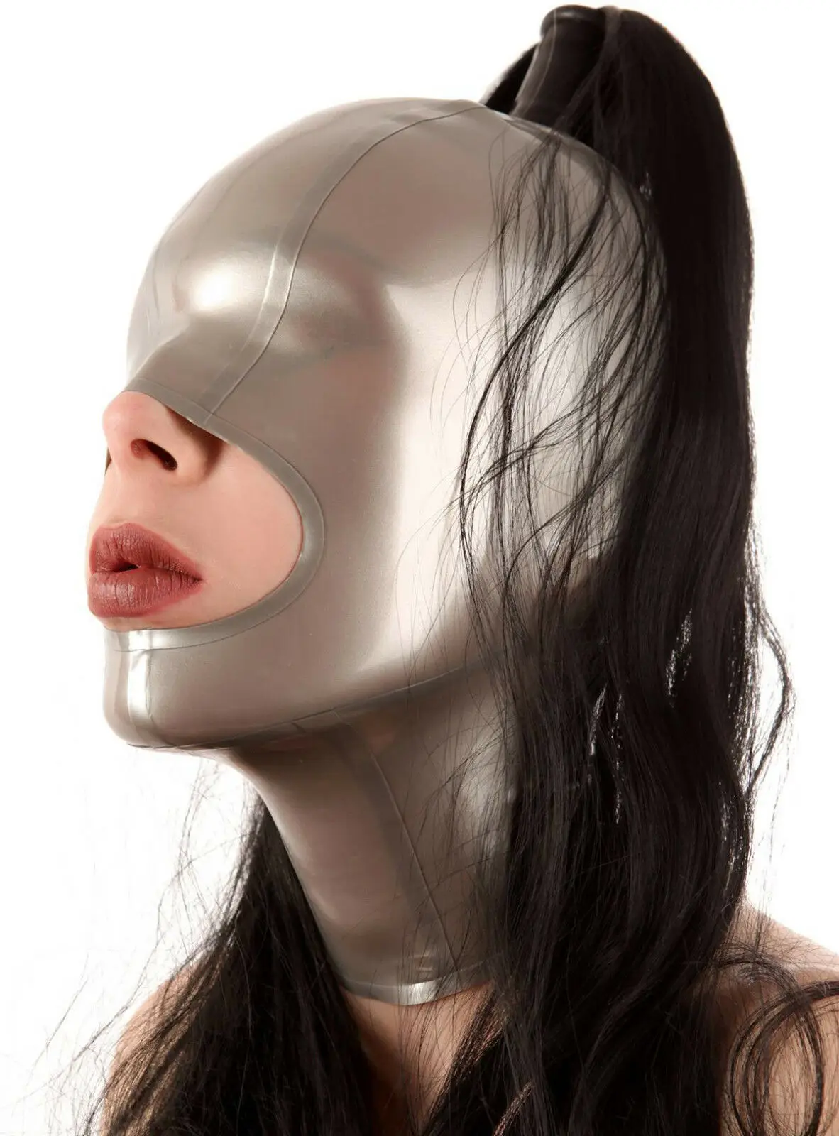 Handgemaakte Vrouwen Latex Kappen Met Pruik Haar Aangepaste Back Rits Fetish Open Mond Masker Heroine Hood Hoofddeksels Zentai