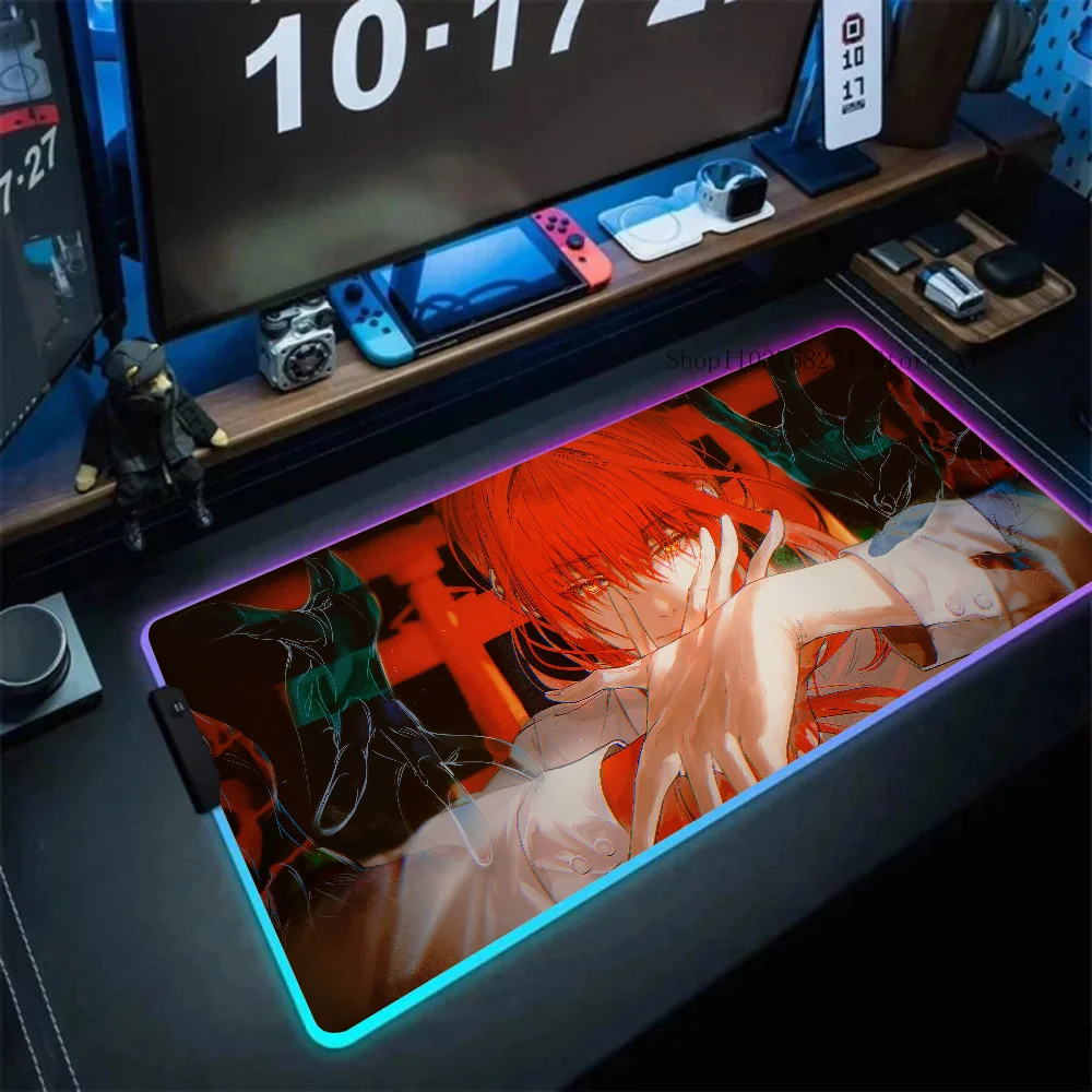 Makima Chainsaw Man Anime Girl Mousepad XXL RGB Gaming Mouse Pads HD Black Gamer Accessories Large LED