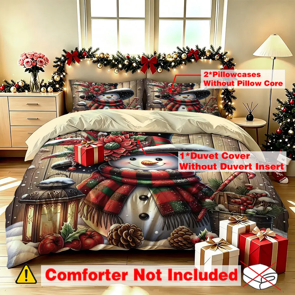 3 Pcs Christmas Duvet Cover Set Snowman Top Hat Scarf Lantern Print Warm Bedding Set for Home Decor