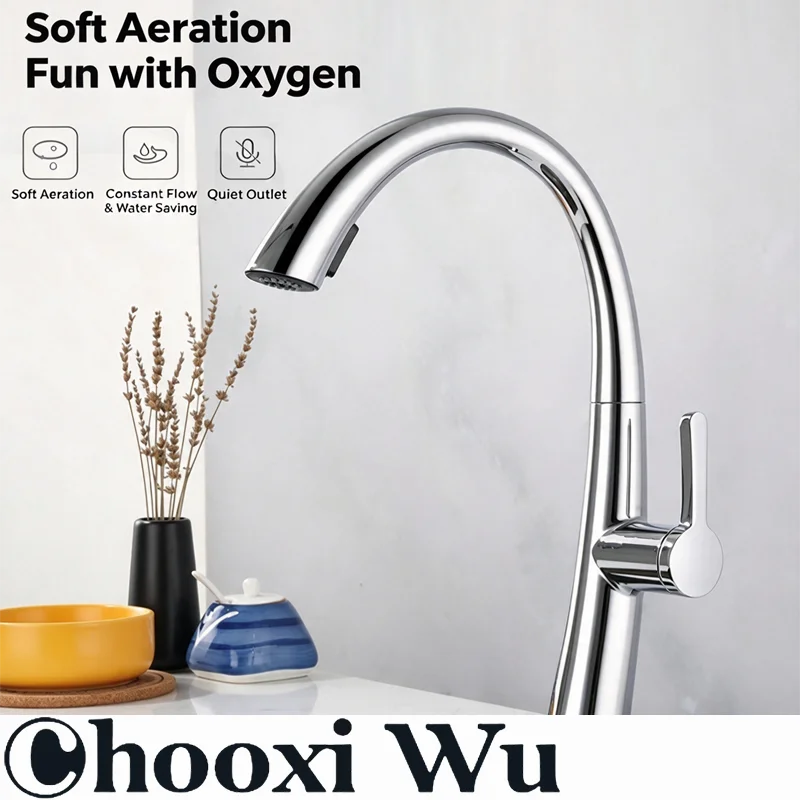 Bathroom fixtures, dual-outlet pull-down vegetable washing basin faucet, sink faucet, engineering project, large elbow, mixing f