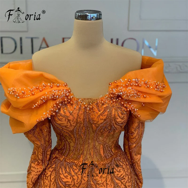 Oranje Off The Sholder Formele Feestjurk Parels Lange Mouwen Dubai Vrouw Zeemeermin Avondjurk Custom Made Kralen Robe De Soiree