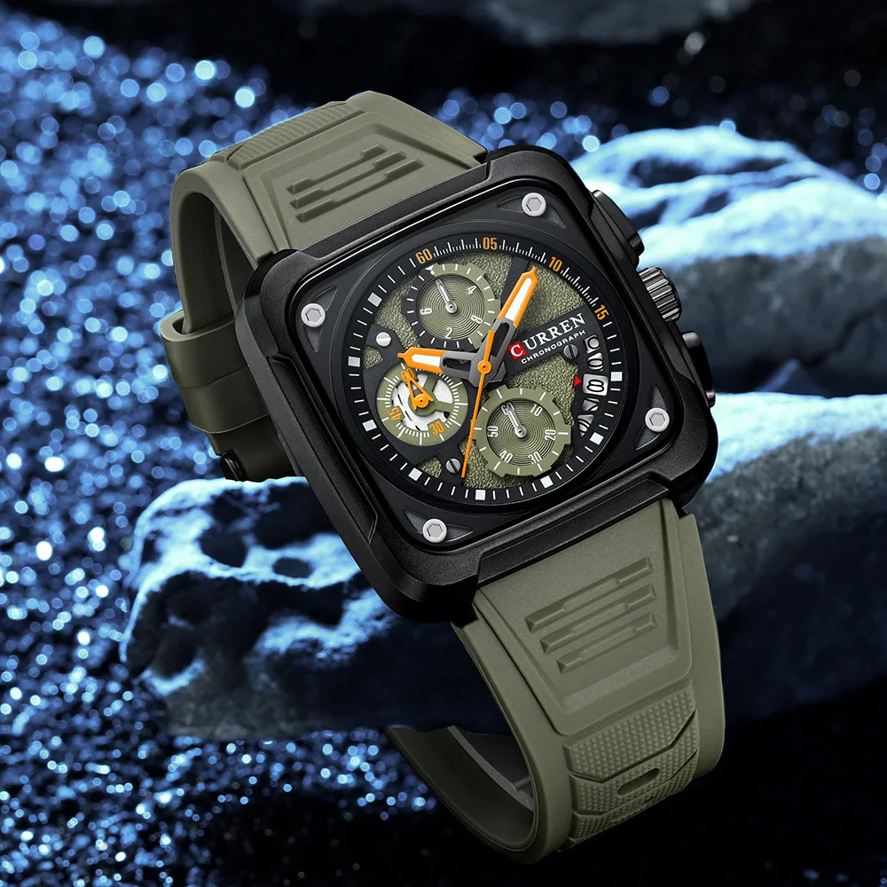 CURREN Chronograph Watches for Men Luminous Hands Sporty Unique Square Dial with Auto Date Waterproof Wristwatch Silicone strap