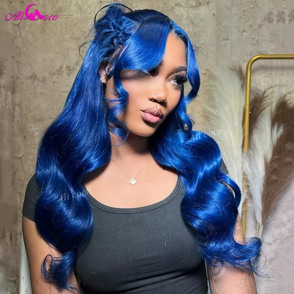 

180 Density Dark Blue 13x4 HD Lace Front Human Hair Wig Blue Colored Body Wave Transparent Lace Frontal Brazilian Hair for Women