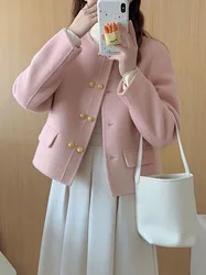 Pink Short Woolen Coat Female Korean Style Fashion Autumn Winter New Style Small Size Age Reduction Top Straight Tube Pure Color