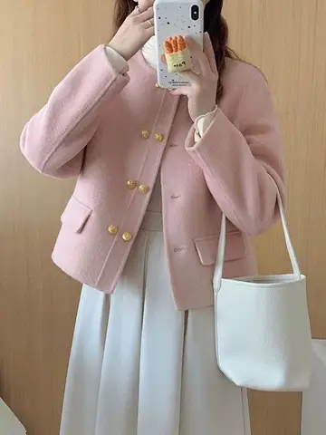 패션 코트 여성용 짧은 숄 가을 겨울 신상 패션 한국 스타일 우아한 여성용 짧은 모직 핑크색 우아한 코트 외투 코트
