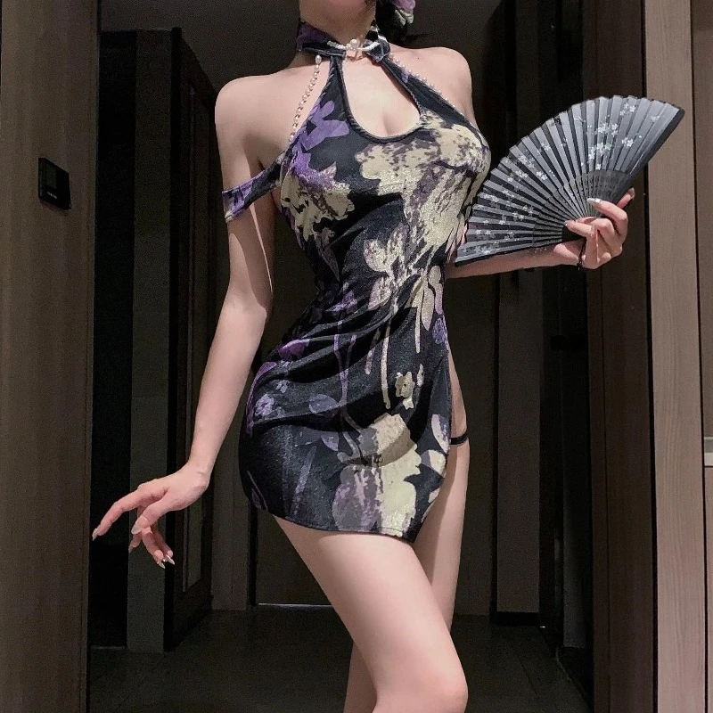 Sexy Seductive Cheongsam Skirt Erotic Exotic Charm Costumes Side Slit Backless Tradition Chinese Elegant Improved Qipao Skirt