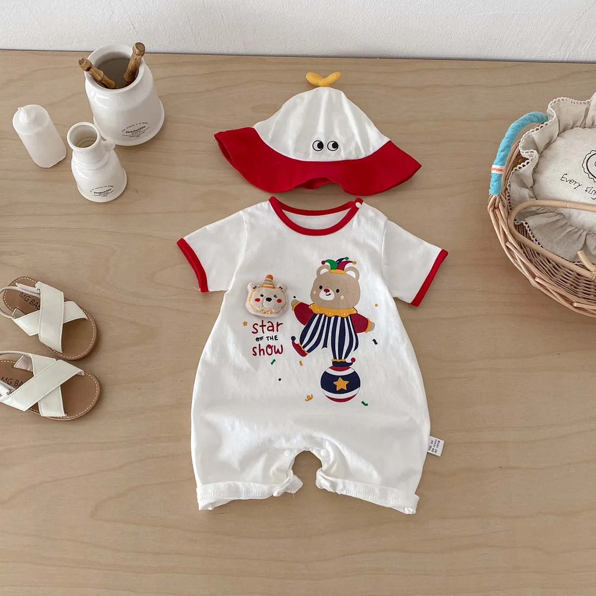Baby Boy Girls Summer Clown Print Romper with hat Infant Short Sleeve Jumpsuit Newborn Toddler Color Block Bodysuit