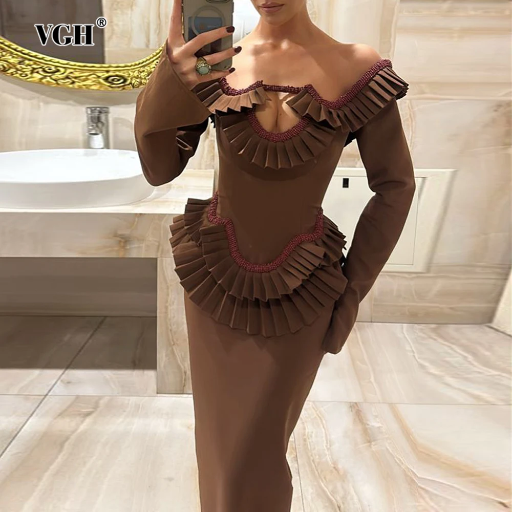 

VGH Solid Spliced Folds Hem Slim Dresses for Women Slash Neck Long Sleeve Pathwork Hollow Out High Waist Vintage Dress Female