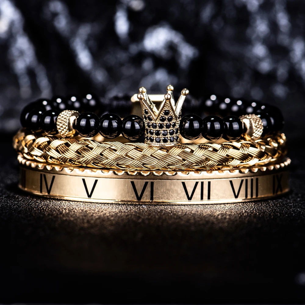 

3pcs/set Luxury Roman Number Charm Cuff Bracelet Gold Color Crown Bracelet Stainless Steel Hip Hop Men Royal Jewelry