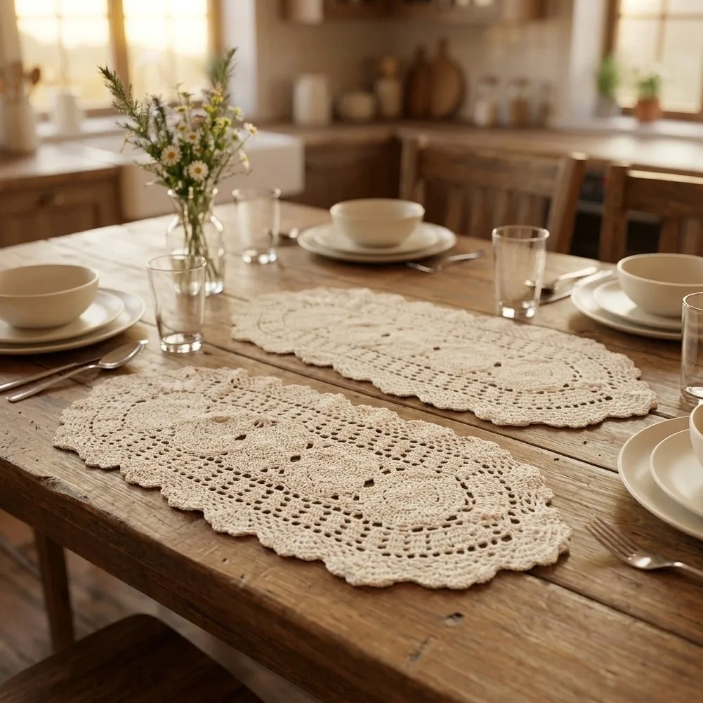 For Daily Dining Hollow Woven Mat Gentle for retro Tableware Table Decoration Soft Cotton Fabric Scalloped Edge Outline