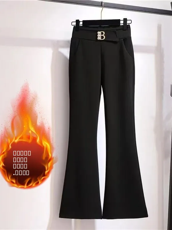 

Thiened Fce Lined Flared Pants High Waist Slim Fit High Waist ket Detail Korean Sle Commute Faion plus Size Pants