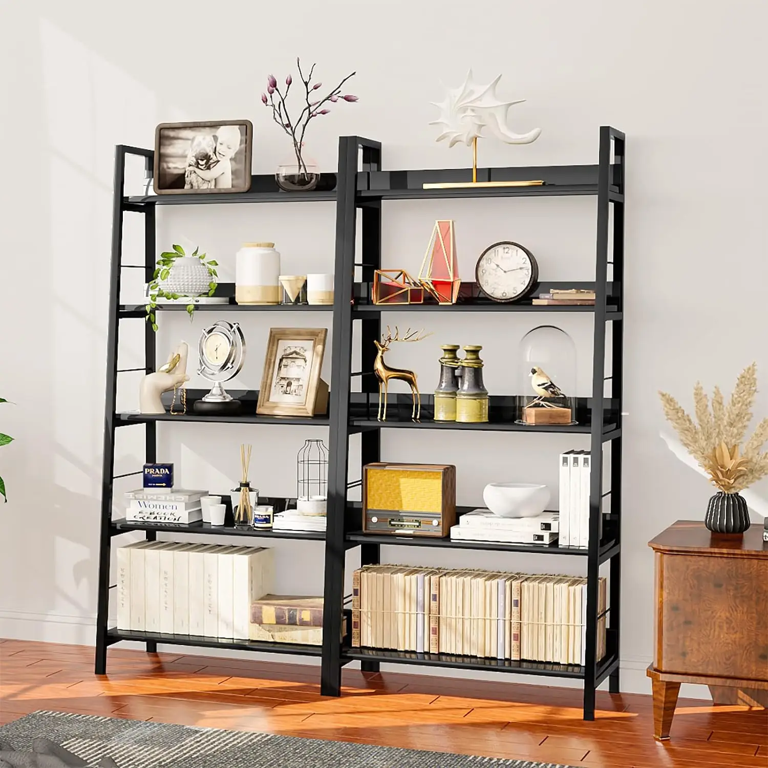 Black Ladder Bookshelf, 5 Shelf Bookcase Industrial Bookshelf Wood and Metal Bookshelves, Plant Flower Stand Rack Book Storage