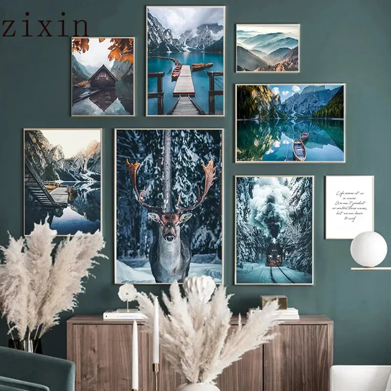 

Nordic Forest Snow Landscape Canvas Print Poster Animal Deer Lake Mountain Nature Retro Train Minimalist Picture Decor Painting