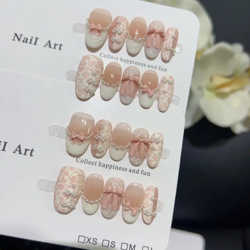 

10 Pieces New Chinese Court Style Handmade Press On Nails Pink Bow Sweet Luxury Floral French Fake Nails Removable Reusable