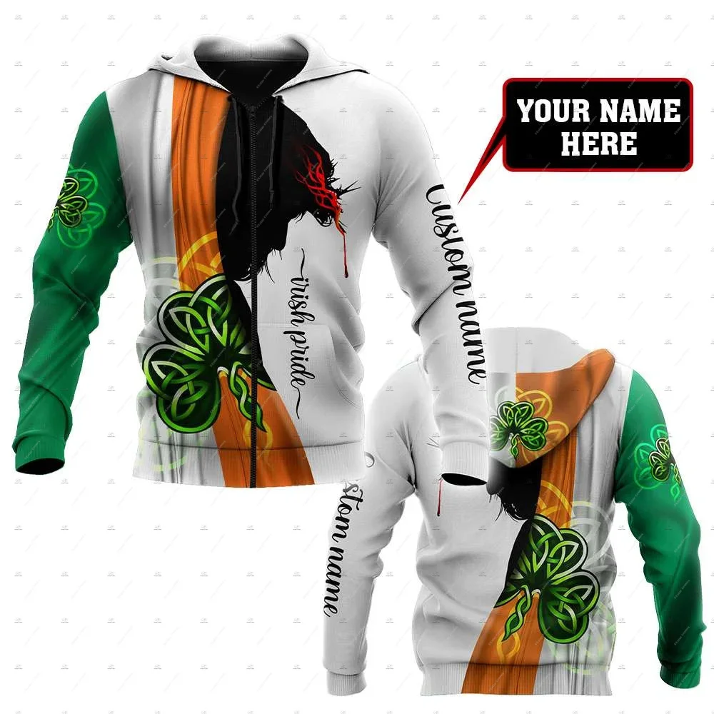 Custom Name Irish Ireland Country Flag St.Patrick Tattoo Vintage Retro Unisex 3DPrint Harajuku Pullover Casual Jacket Hoodies 31