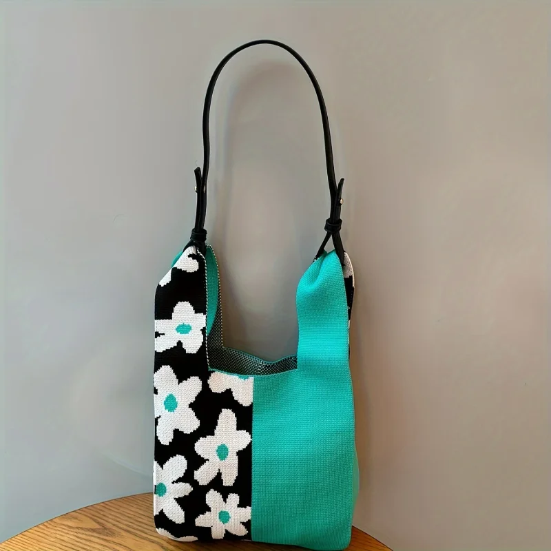 Colorblock Flower Pattern Knitted Satchel Bag, Versatile Mini Shopping Handbag