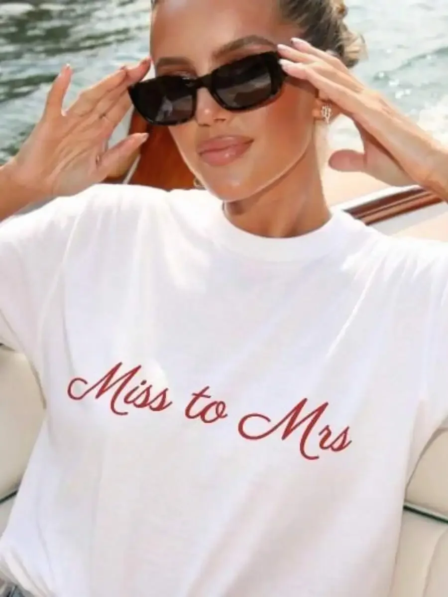 2026 Women Oversized Pure Cotton Bridal T-Shirt, Elegant Cursive 
