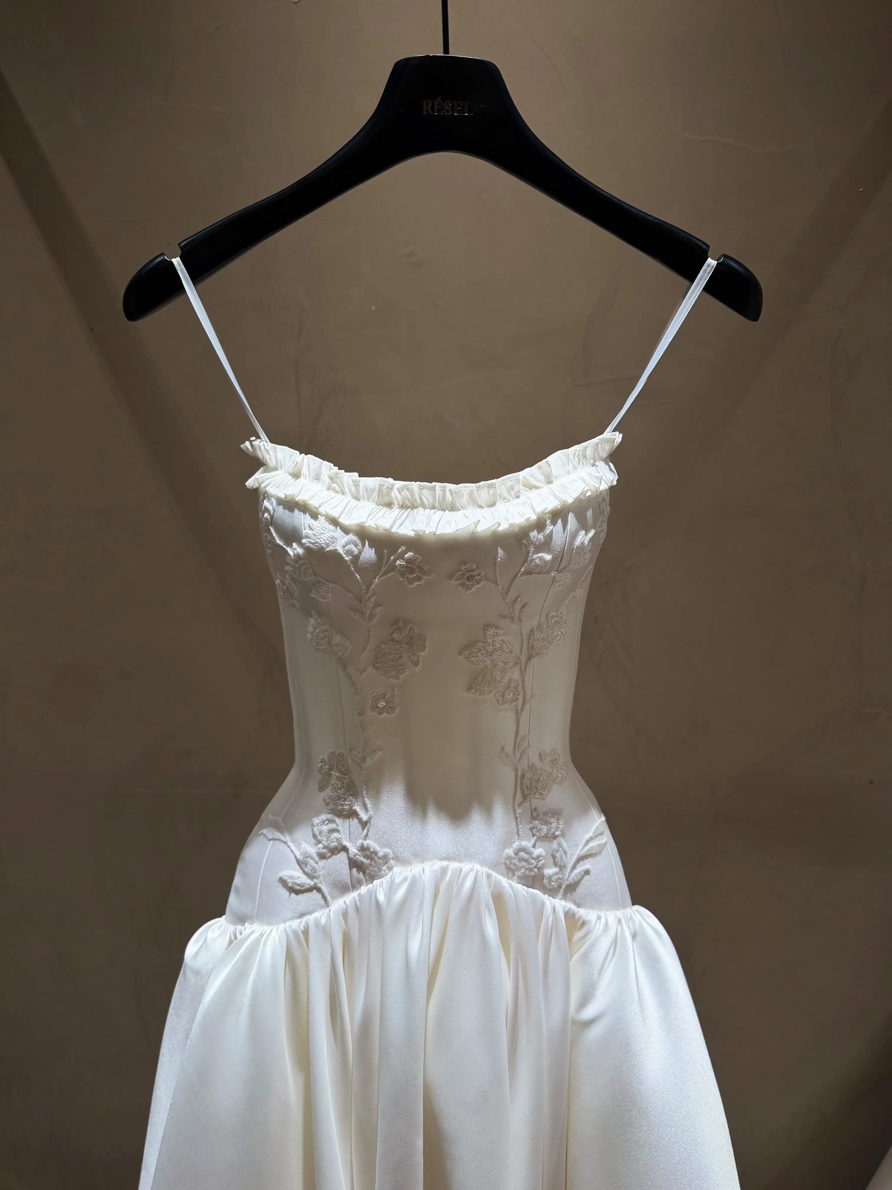 LumiGown Ivory Satin Wedding Dress Spaghetti Straps Ruffle Neck Floral Embroidery Corset Bodice A Line Bridal Gown With Train