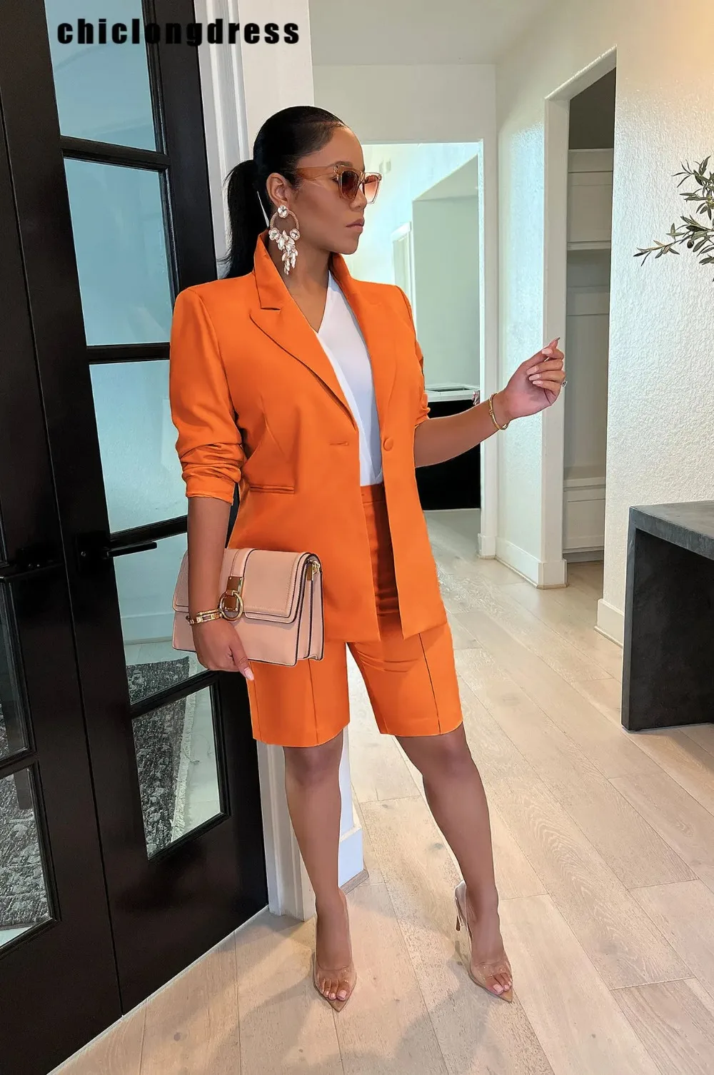 

Women's Slim Blazer and Shorts Set, Elegant, Office, Ladies, Monochromatic, Fashion, Autumn, 2024