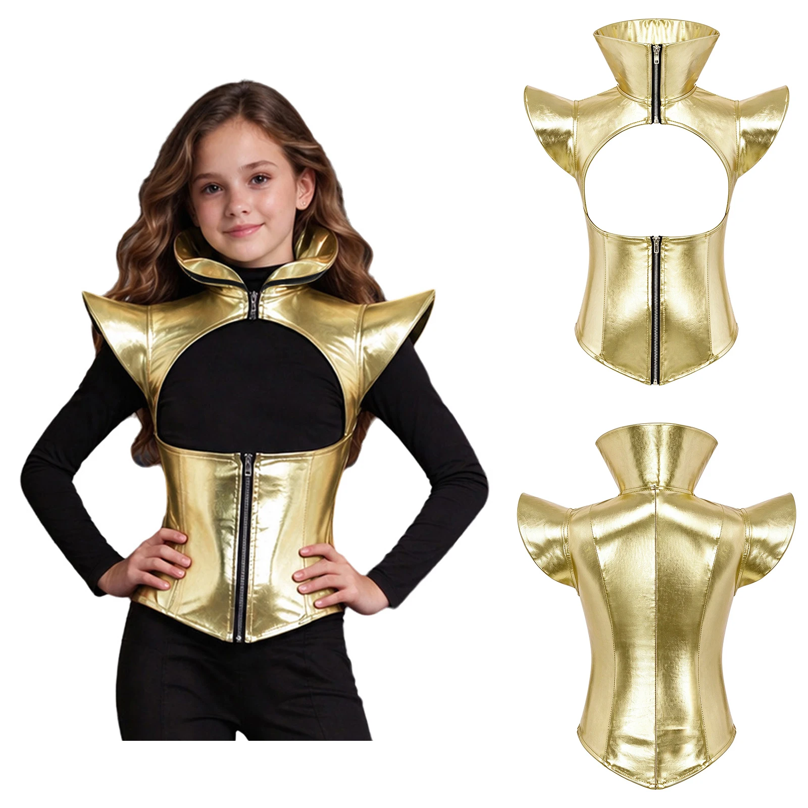 Girls Shiny Metallic PU Armor Corset Top Stand Collar Shoulder Pad Asymmetrical Hem for Jazz Hip Hop Stage Carnival Halloween